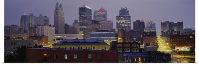 Buildings lit up at dusk, Kansas City, Missouri