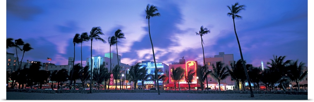 Ocean Drive illuminated by neon lights at night and palm trees blowing in the wind off the ocean in this panoramic photogr...