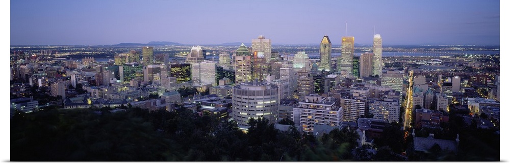 Buildings lit up at dusk, Montreal, Quebec, Canada