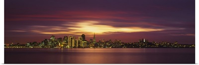 Buildings lit up at dusk, San Francisco, California