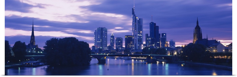 Buildings lit up at night, Frankfurt, Germany