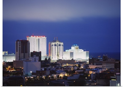 Buildings lit up at night in a city, Atlantic City, New Jersey