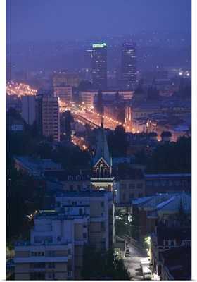 Buildings lit up at night in a city, Sarajevo, Bosnia and Hercegovina