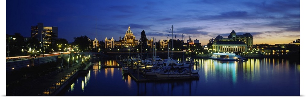 Buildings lit up at night, Parliament Building, Vancouver Island, Victoria, British Columbia, Canada