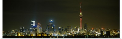Buildings lit up at night, Sky Tower, Auckland, New Zealand