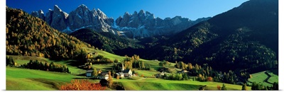 Buildings on a landscape, Dolomites, Funes Valley, Le Odle, Santa Maddalena, Tyrol, Italy