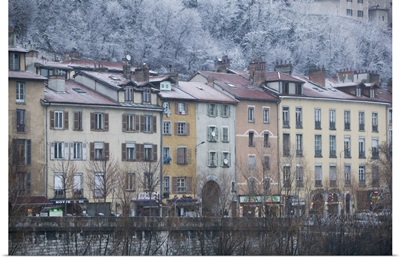 Buildings on the waterfront, Isere River, Grenoble, French Alps, France