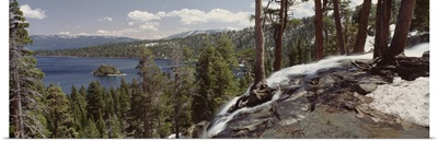 California, Lake Tahoe, Emerald Bay, High angle view of the Eagle Falls