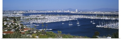 California, San Diego, Aerial view of boats moored at a harbor