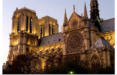 Cathedral lit up at dusk, Notre Dame, Paris, Ile-De-France, France