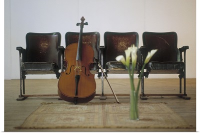 Cello leaning on attached chairs