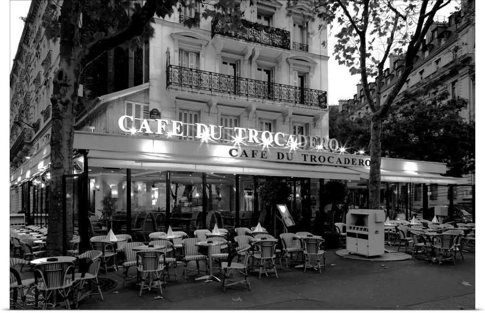 Chairs and tables in a restaurant at dawn, Cafe Du Trocadero, Paris, Ile-de-France, France