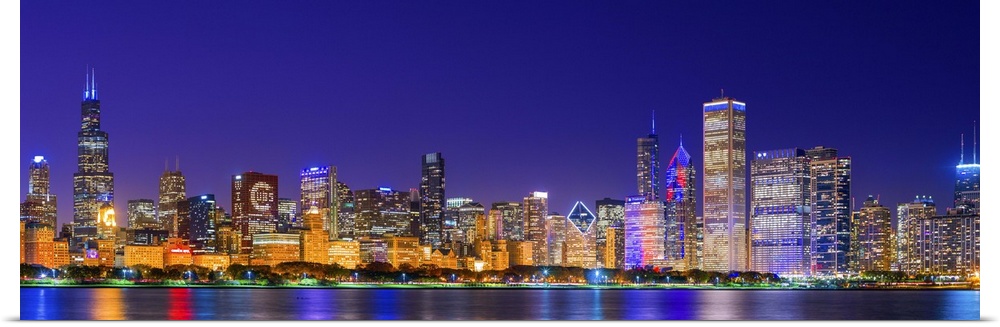 Chicago skyline with Cubs World Series lights night, Lake Michigan, Chicago, Cook County, Illinois, USA.