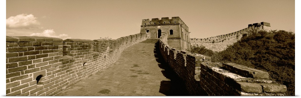 Panoramic view of the Great Wall of China, showing brickwork detail.