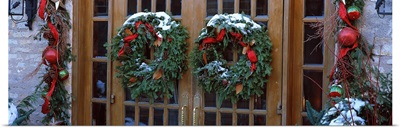 Christmas wreaths hanging on doors, Grand Rapids, Kent County, Michigan,