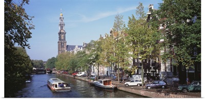 Church along a channel in Amsterdam Netherlands