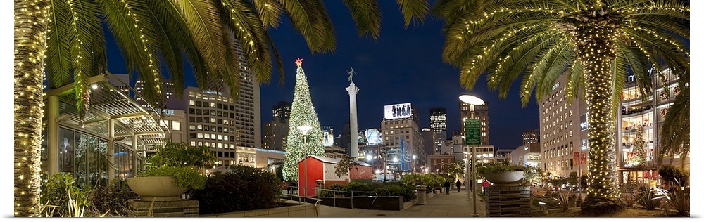 City lit up at dusk during Christmas, Union Square, San Francisco, California