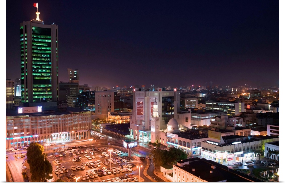 City lit up at dusk, Friday Mosque, Manama, Bahrain
