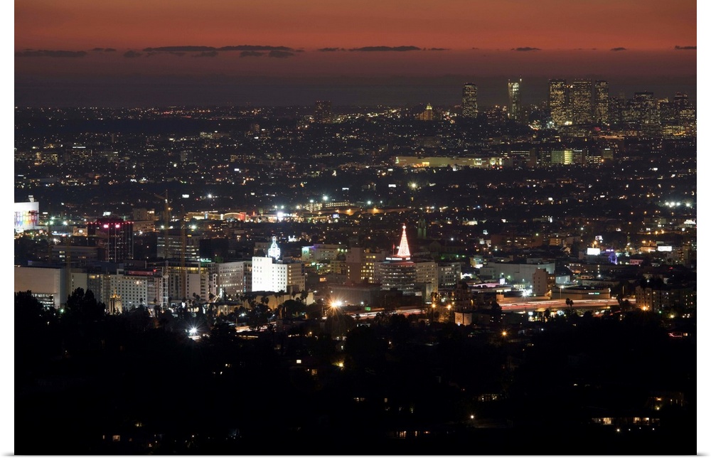 City lit up at dusk, Hollywood, Los Angeles, California, USA