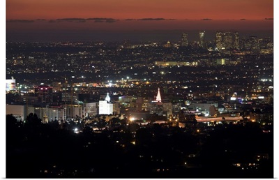 City lit up at dusk, Hollywood, Los Angeles, California