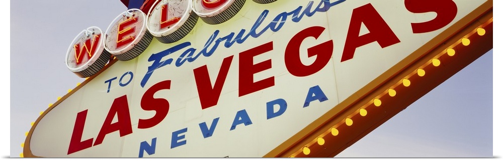 Panoramic photo of a close up of the classic Las Vegas sign.