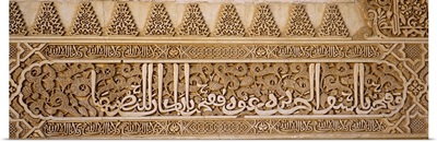 Close-up of carvings of Arabic script in a palace, Court Of Lions, Alhambra, Granada, Andalusia, Spain