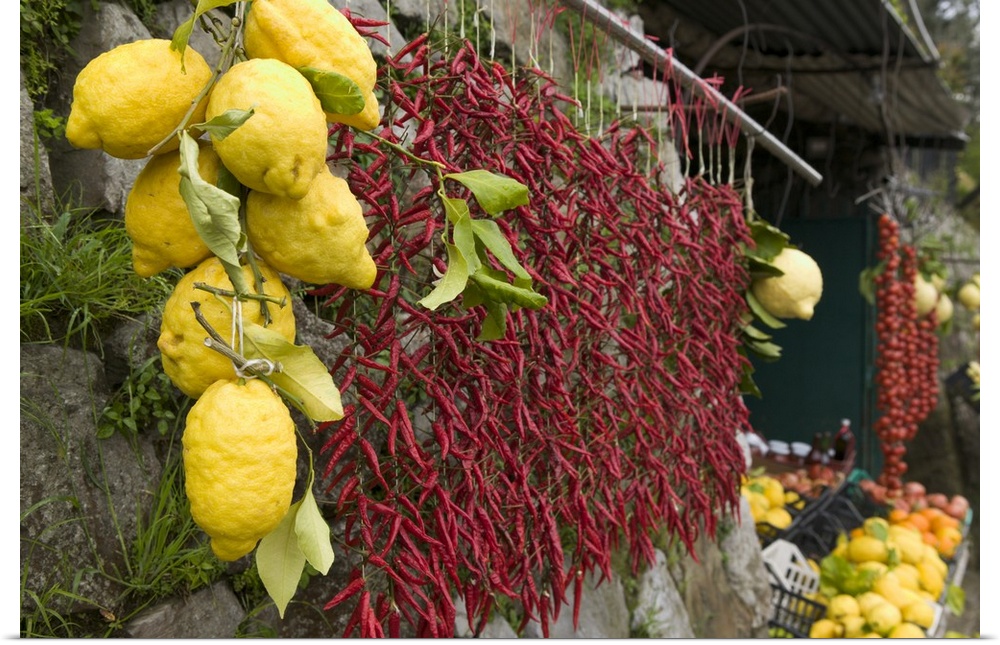 Lemons and chili peppers in Italy hang for sale in a local farmers market.