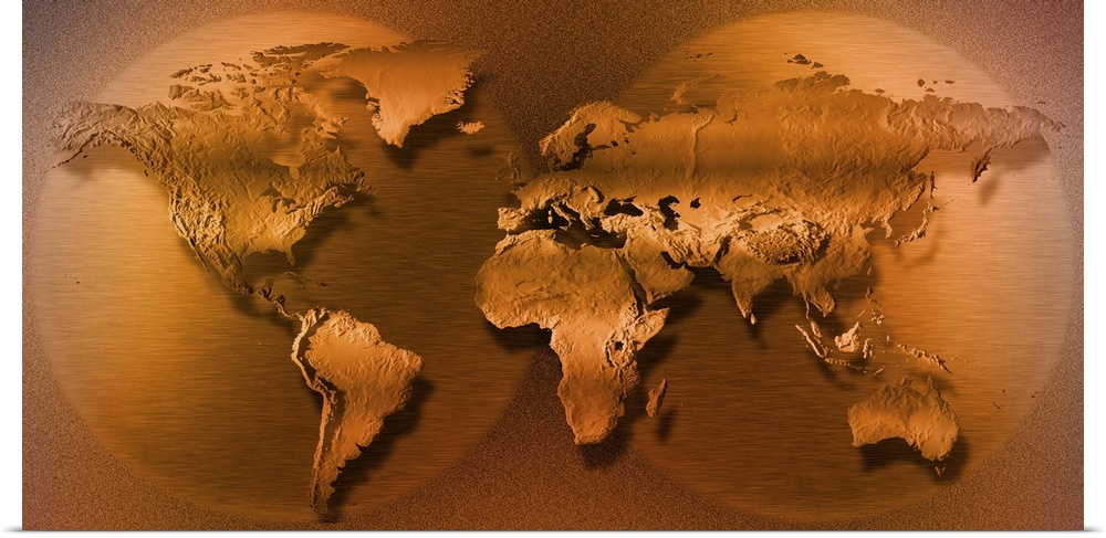 This panoramic piece shows a 3D map of the world in sepia tone.