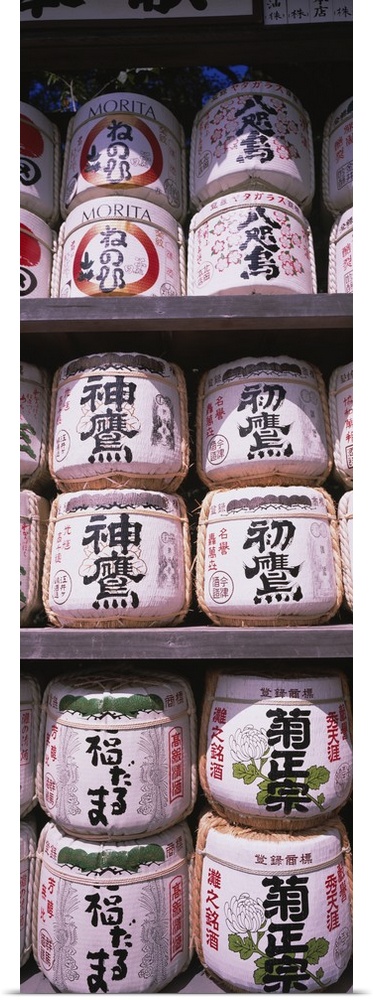 Close-up of saki barrels, Kamakura, Japan