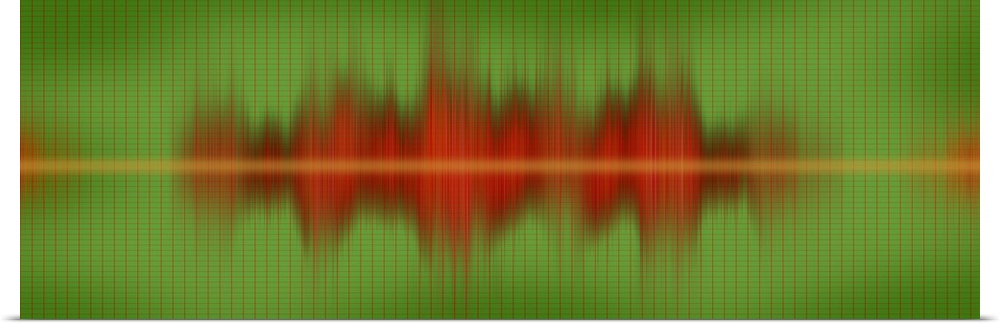 Modern panoramic close up of bouncing, vibrantly colored sound waves on a simple, gridded cool-toned background.
