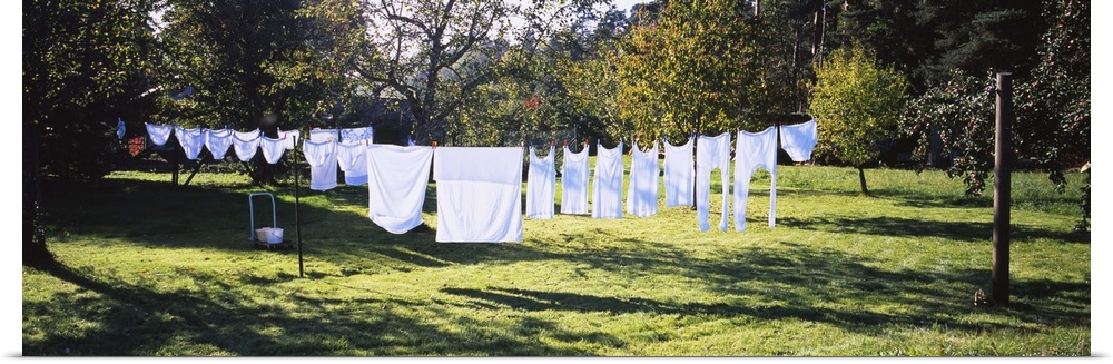 Clothes drying on a clothesline in a backyard, Baden-Wurttemberg, Germany