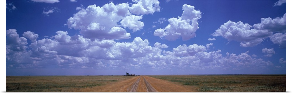 Panoramic photograph taken at the end of a dirt road with flat fields on both sides and large clouds hovering above.