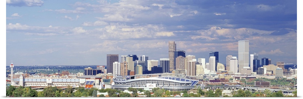 Panoramic view of clouds approaching Denver, CO's Invesco Stadium.