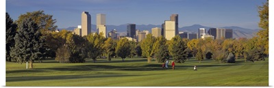 Colorado, Denver, panoramic view of skyscrapers around a golf course