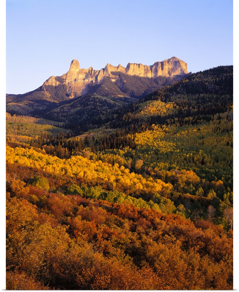 An immense cliff is pictured in the background with dense forest that has various colored autumn trees covering the land i...