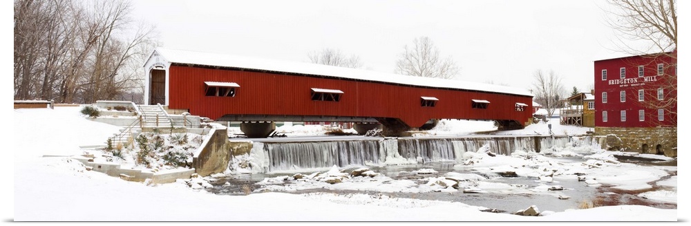 Covered bridge and mill in winter, Bridgeton Bridge Arson, Parke County, Indiana