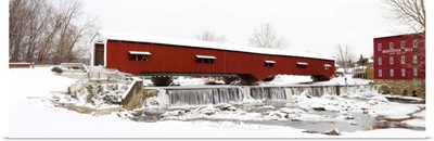 Covered bridge and mill in winter, Bridgeton Bridge Arson, Parke County, Indiana