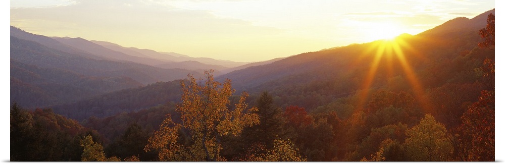 This decorative wall art is a panoramic photograph of the Appalachian Mountains in Kentucky at sunset.