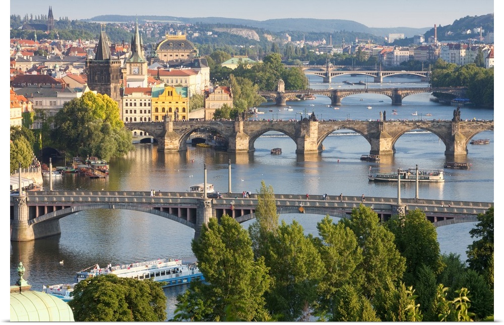 Czech Republic, Prague, Bridges over Vltava River and Boat Traffic.