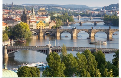 Czech Republic, Prague, Bridges over Vltava River and Boat Traffic