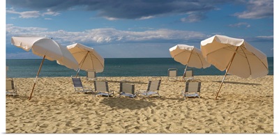 Deck chairs and beach umbrellas on the beach, Jetties Beach, Nantucket, Massachusetts