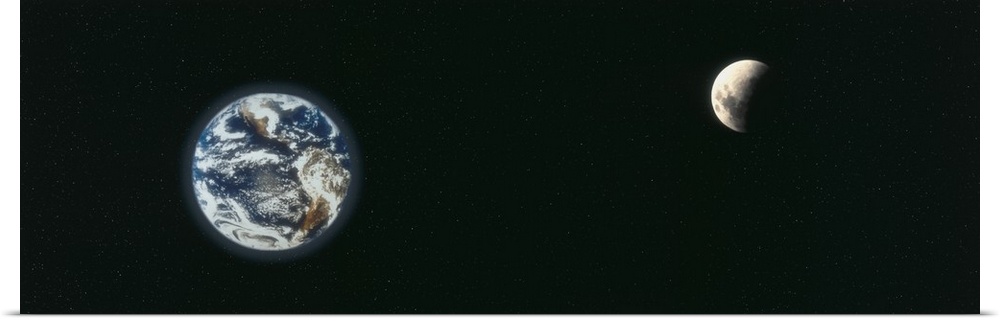 A panoramic re-creation of the earth and a half shaded moon from outer space.