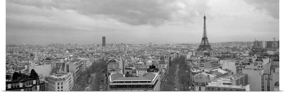 An aerial, monochromatic photograph of the city skyline and two large tree lined avenues below in this panoramic wall art.