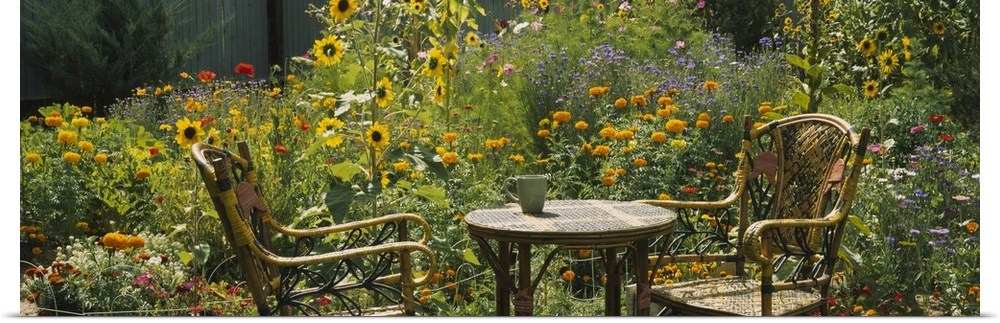 Garden scene of two wicker chairs and a small outdoor table surrounded by several plants, including sunflowers and marigolds.