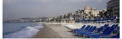 Empty lounge chairs on the beach, Nice, French Riviera, France