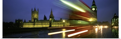 England, London, Houses of Parliament, Traffic moving in the night