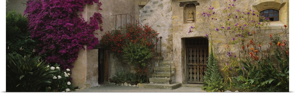 Panoramic image of an Italian style stone house with large flowering bushes crawling up the side and a wrought iron stairc...