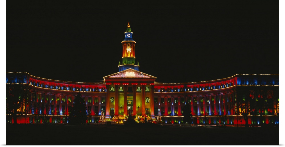 Facade the City Hall building lit up at night for holiday season, Denver, Colorado