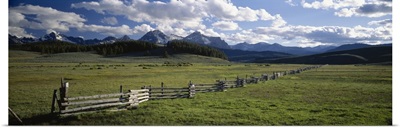 Field in front of mountains, Sawtooth Mountains, Idaho