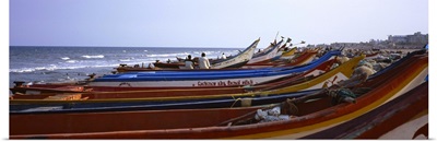 Fishing boats on the beach, Marina Beach, Chennai, Tamil Nadu, India